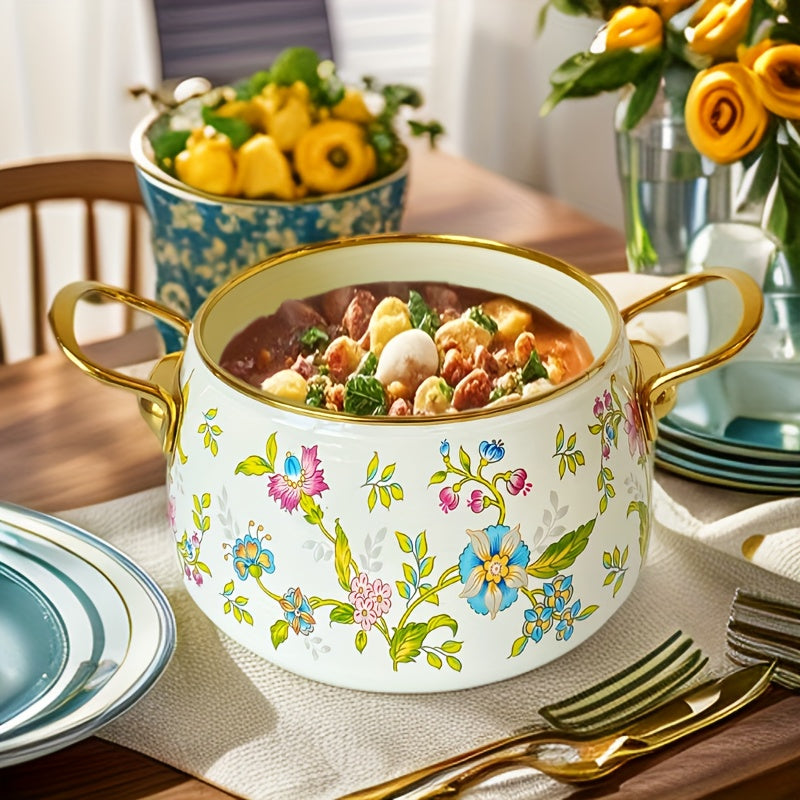 Zarif Frantsuz Gullar Enamel Pechka Qozon - Induksion Pishirish Plitalari uchun Mukammal, Elektr energiyasi talab qilinmaydi - Uy Oshxona va Ovqatlanish uchun Ideal