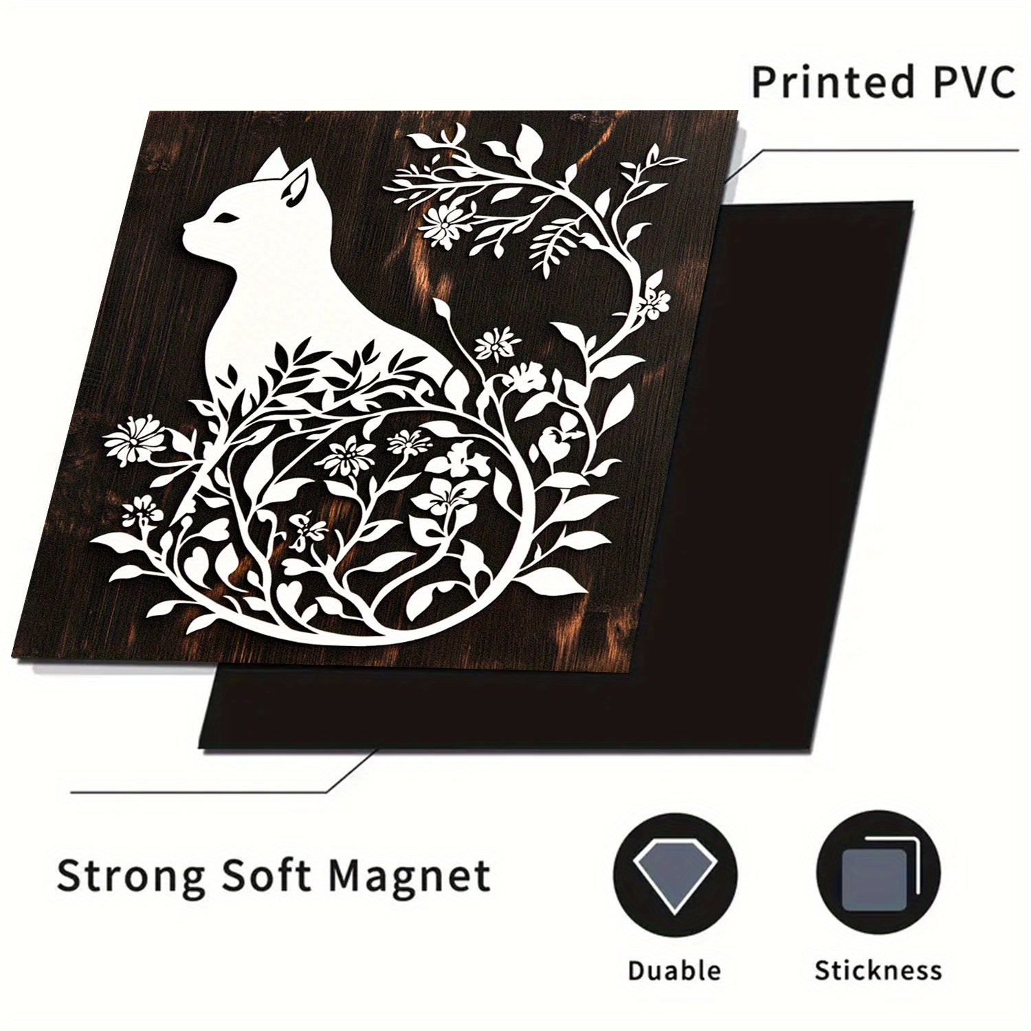 Silhouette Floral Cat Dishwasher Magnet Cover Waterproof Heat-Resistant Black Wood Design