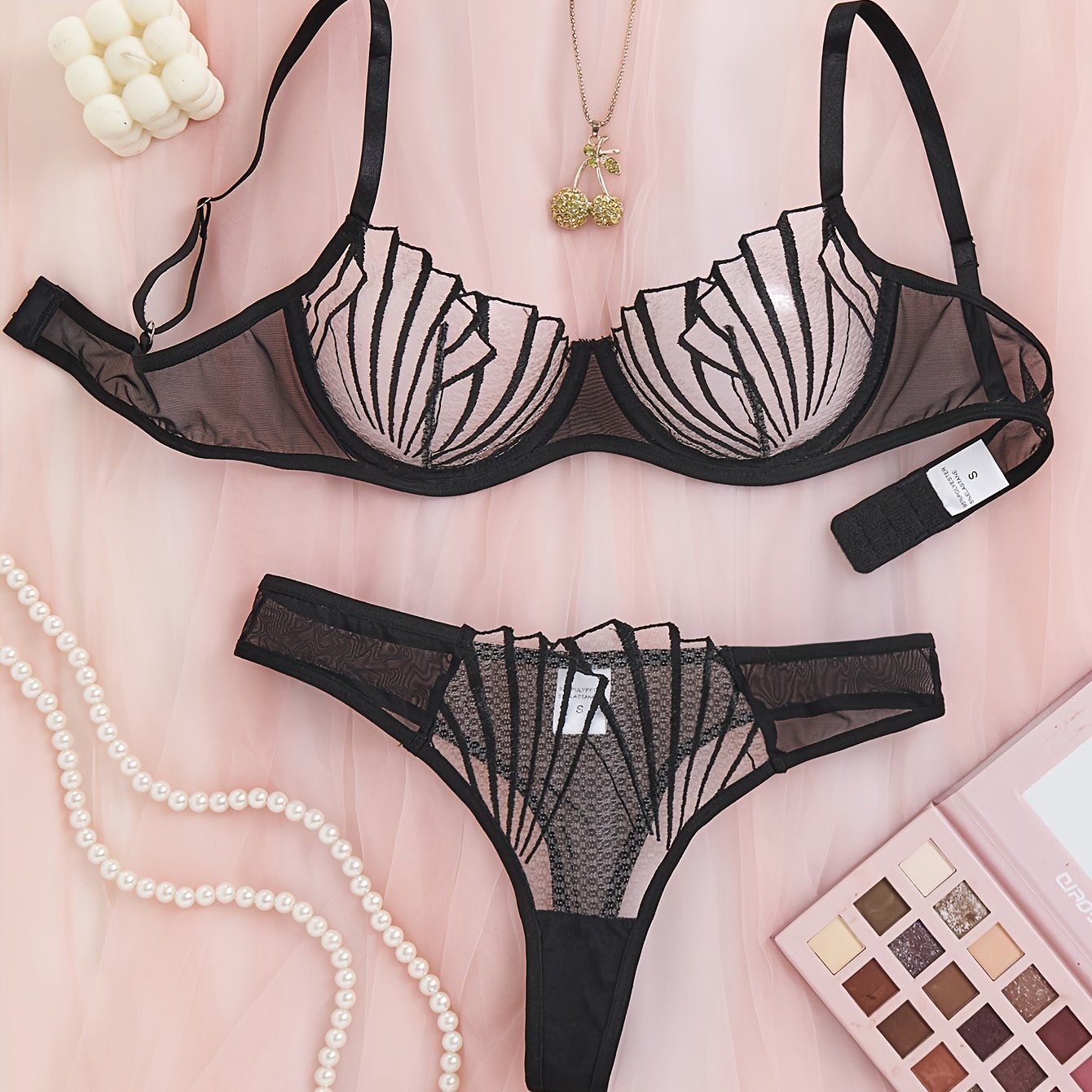 Women's Lace Push-Up Lingerie Set with Semi-Transparent Bra and Flower Embroidery