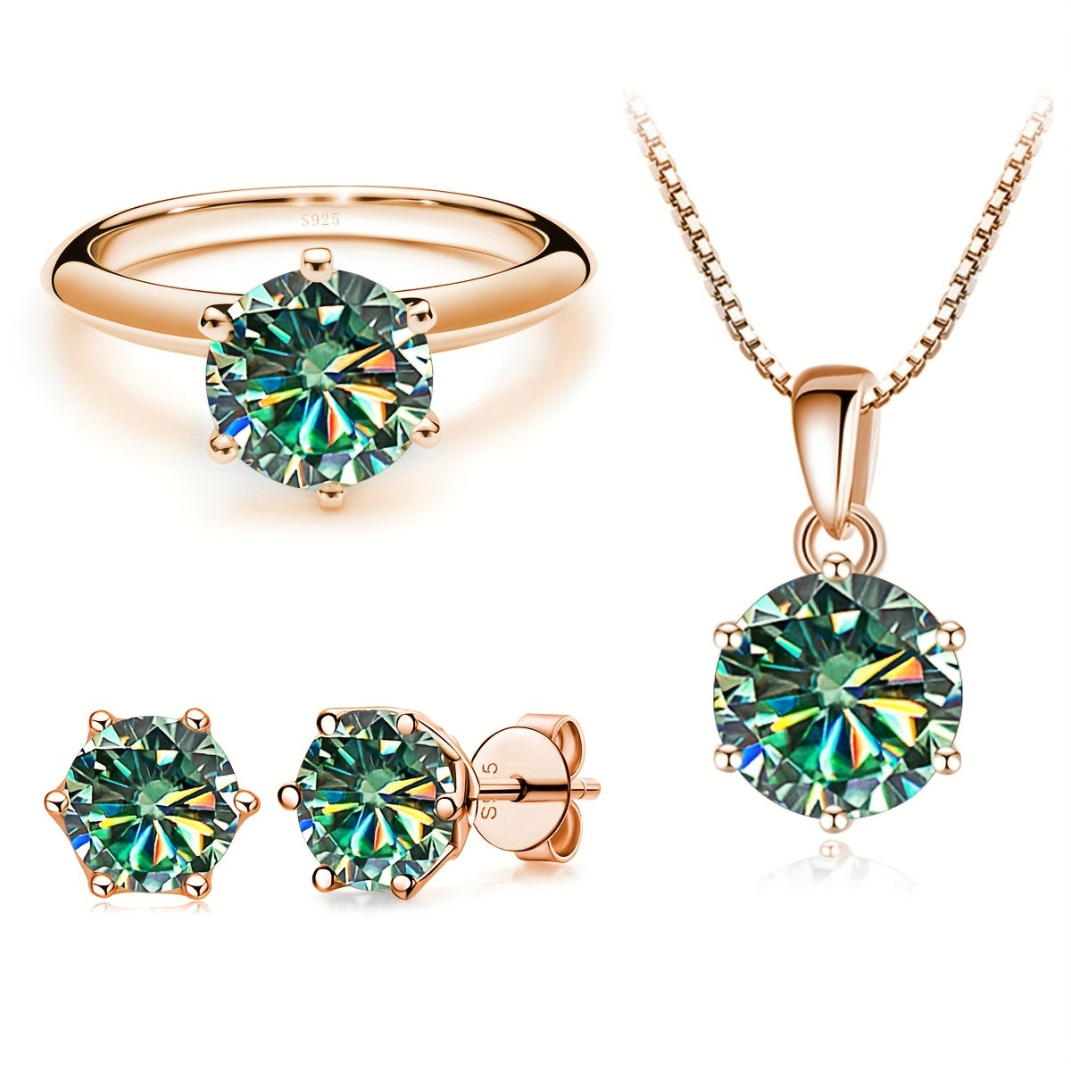 Комплект ювелирных изделий из серебра 925 пробы с 4-частной ожерельем из моиссанита, 1-частным кольцом из моиссанита и 2-частными серьгами из моиссанита, доступный в различных цветах. Поставляется в подарочной коробке.