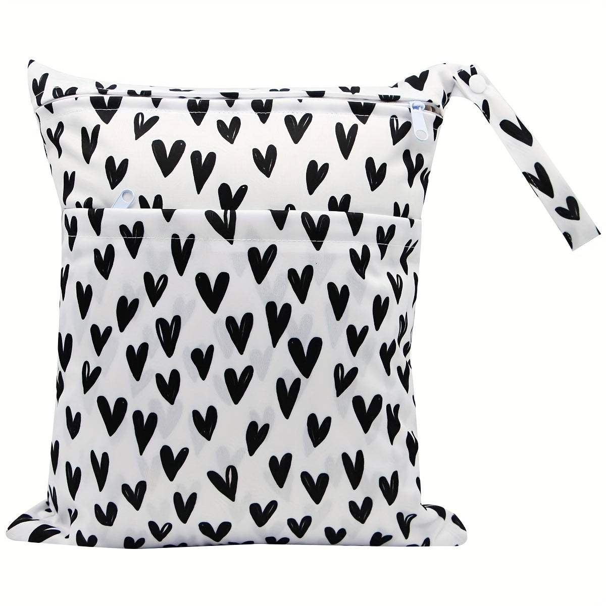 Black Hearts Waterproof Diaper Bag with 2 Zippered Pockets and Handle