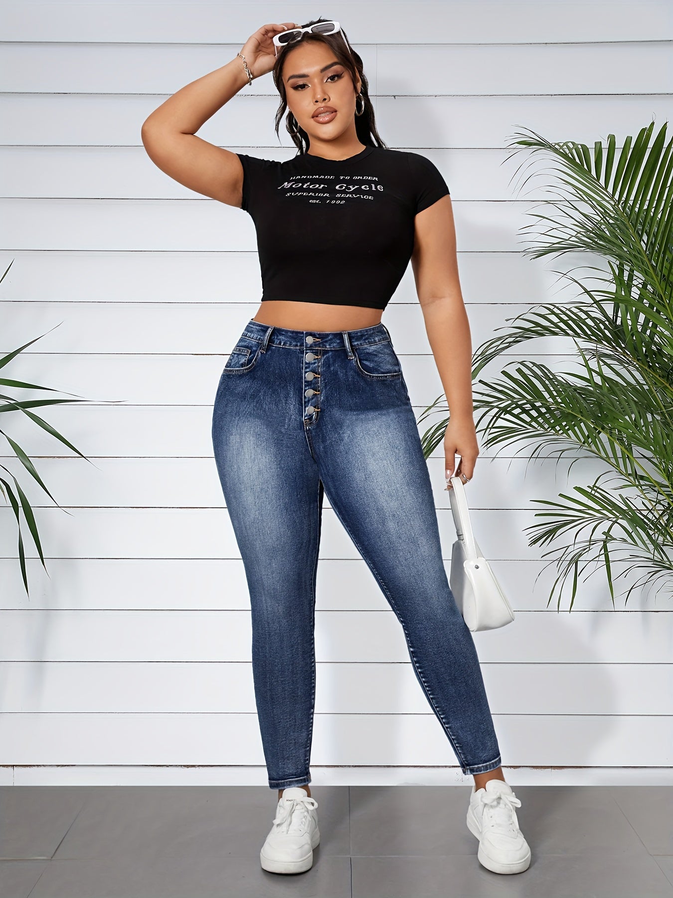 Women's High-Waisted Blue Denim Jeans with Button Fly Streetwear Style