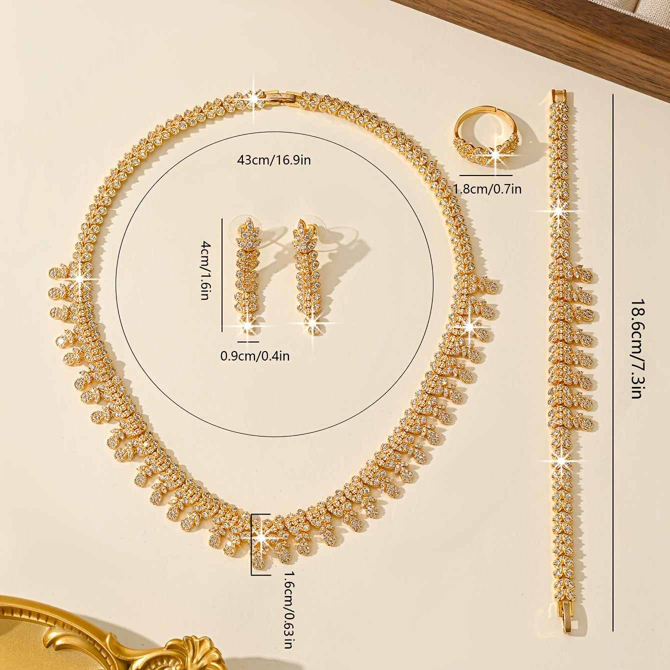 Hashamatli kelin zargarlik to'plami: marjon, bilaguzuk, taqinchoq, uzuk - 18K oltin qoplangan mis, sintetik zirkoniy bilan - Kundalik kiyish yoki to'ylar uchun mukammal - Chiroyli sovg'a qutisi kiritilgan - 5 dona to'plam