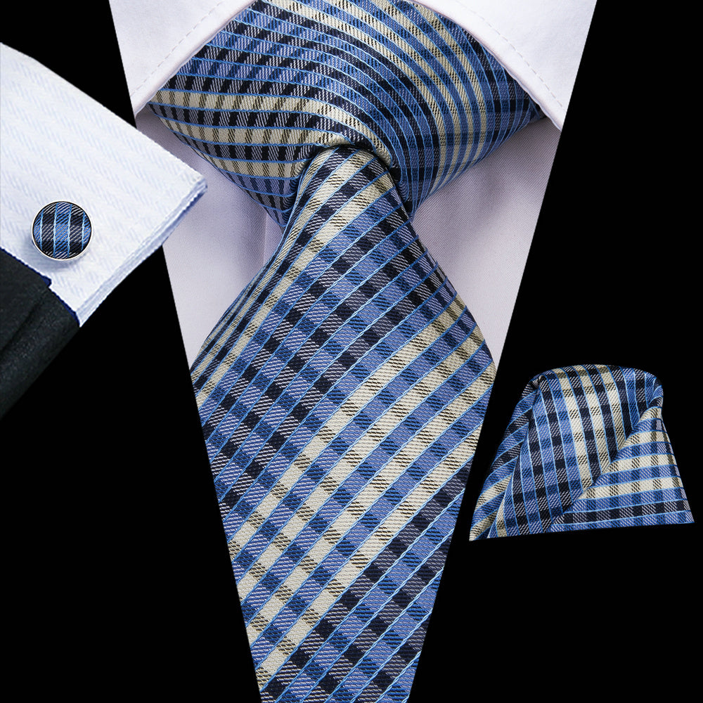 Men's Plaid Necktie Set with Hanky and Cufflinks for Weddings Business and Parties