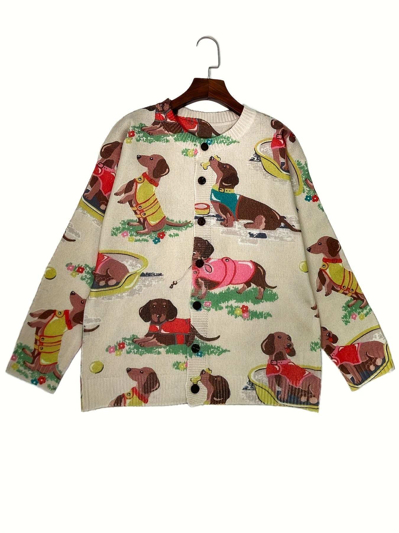 Women's Casual 3D Print Dachshund Cardigan Knit Sweater