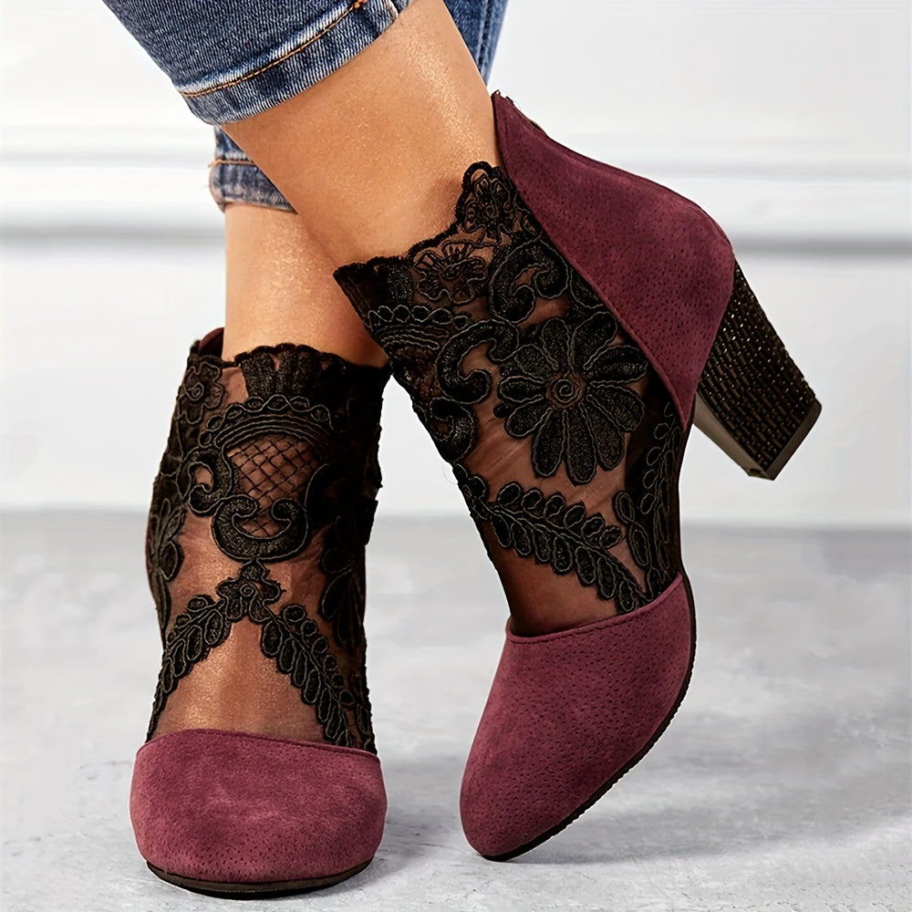 Women's Black Lace Ankle Boots with Floral Pattern, Chunky Heel, Back Zip