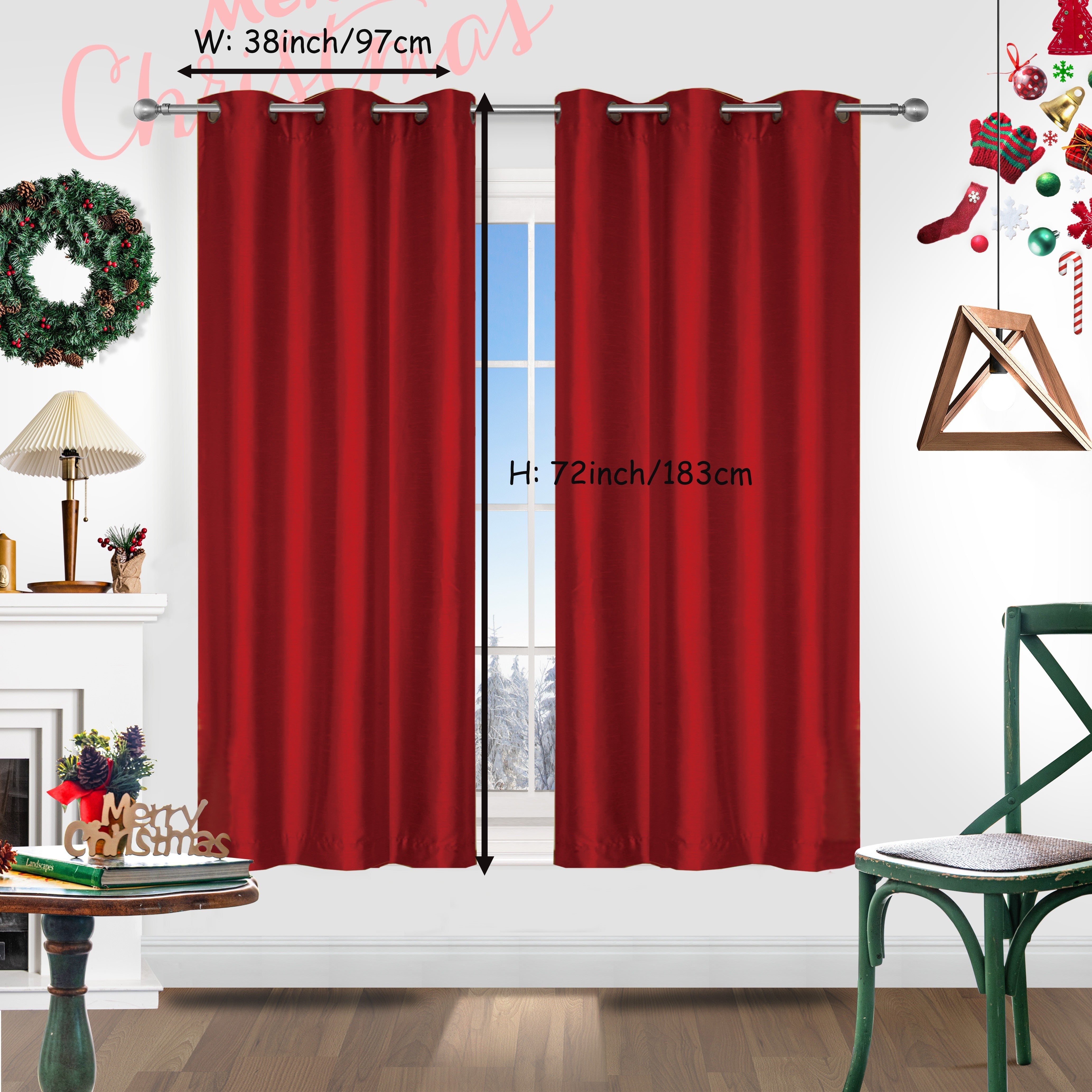 Red Christmas Curtains 2 Pieces Faux Silk Grommet Top for Living Room Bedroom Office
