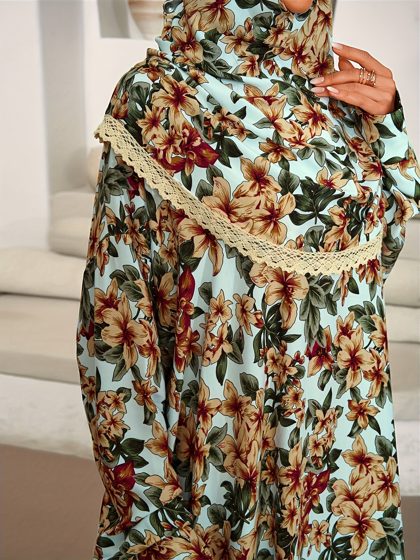 Plus Size Floral Dress Long Sleeve Prayer Dress with Hijab