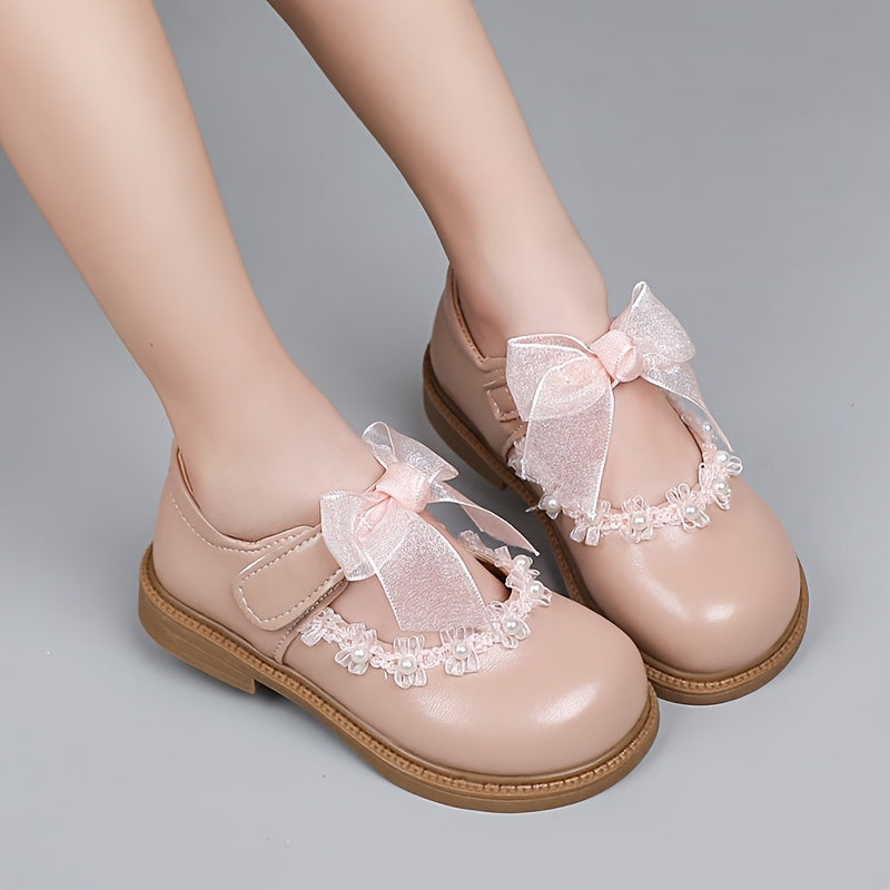 Girls' Princess Shoes with Bead Design Net Lace Bow for Parties and Daily Wear