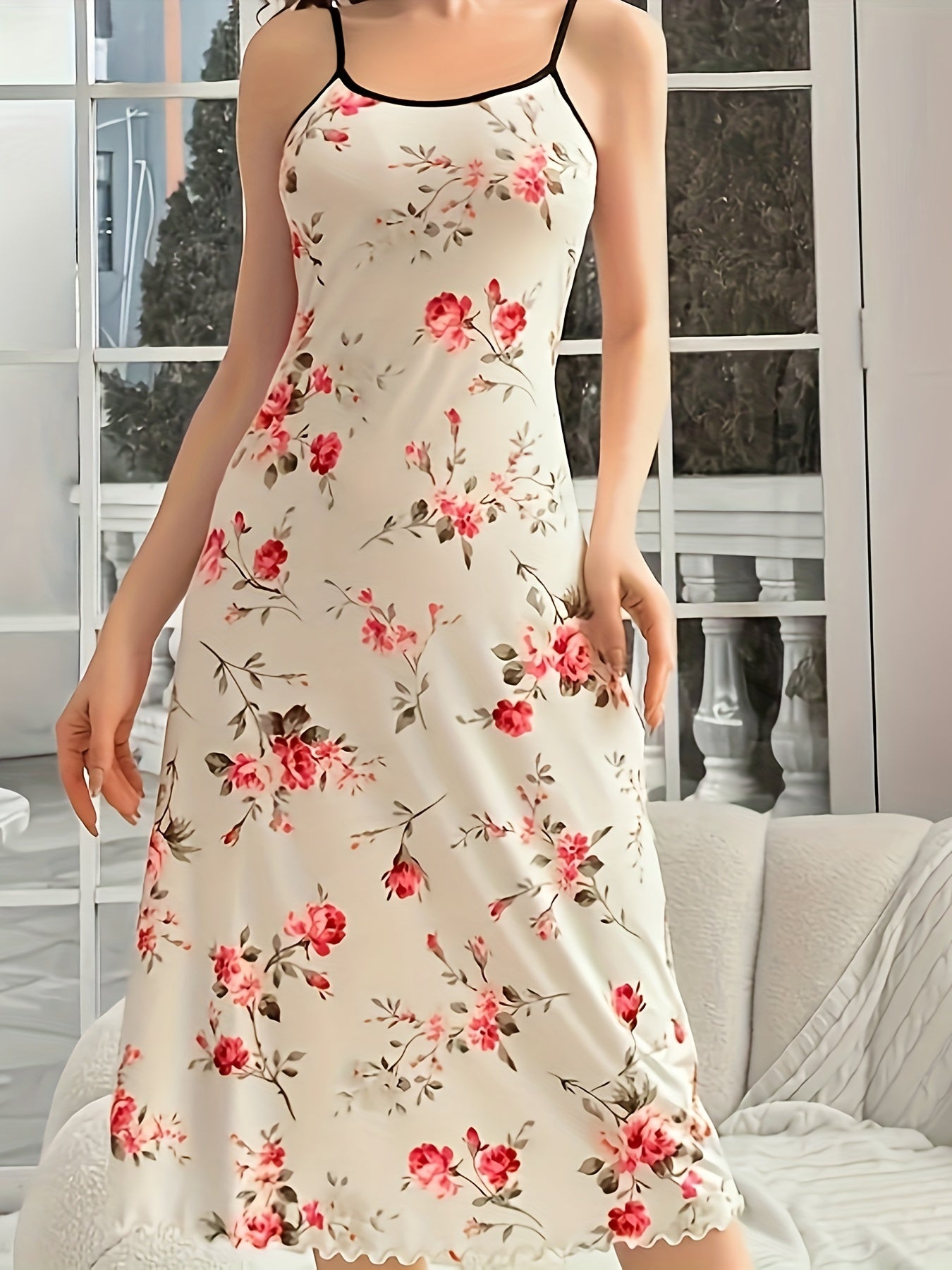 Women's Plus Size Floral Sleep Dress Round Neck Cami Nightdress