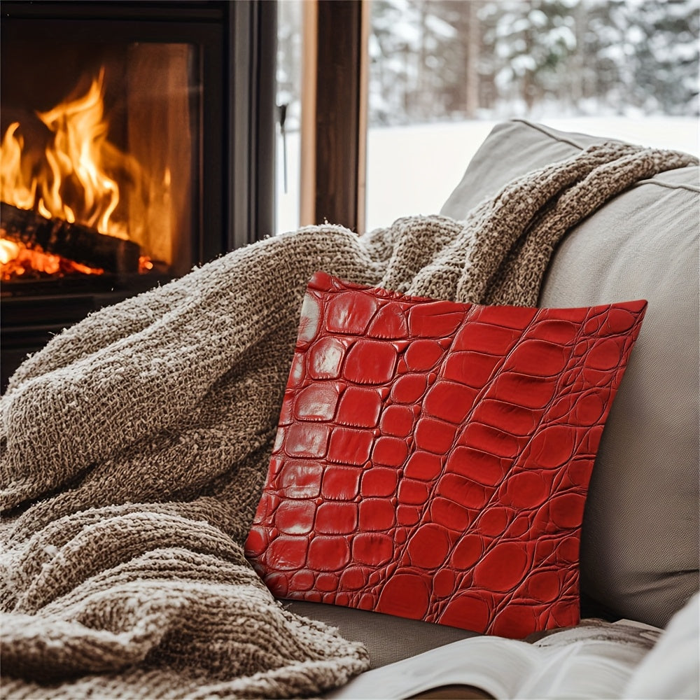Square Pillow Cover with Crocodile Leather Print Polyester Double-Sided Washable Durable Woven Fabric