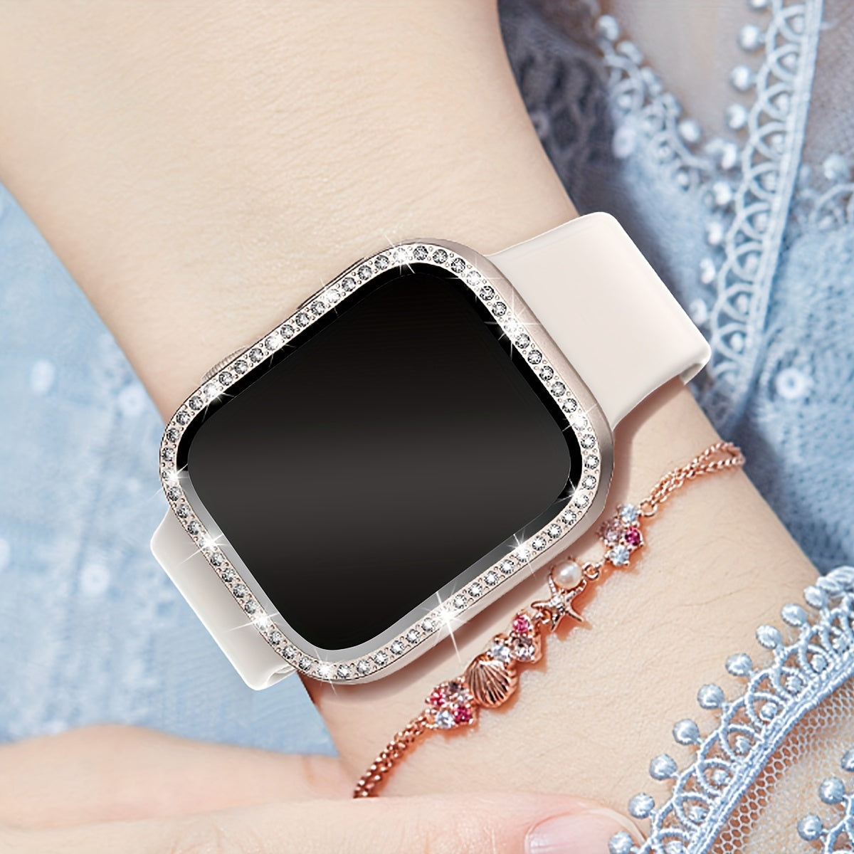Women's Shiny Diamond PC Watch Shell with HD Hardened Glass Screen Protector for Apple Watch 40mm 44mm 45mm 49mm