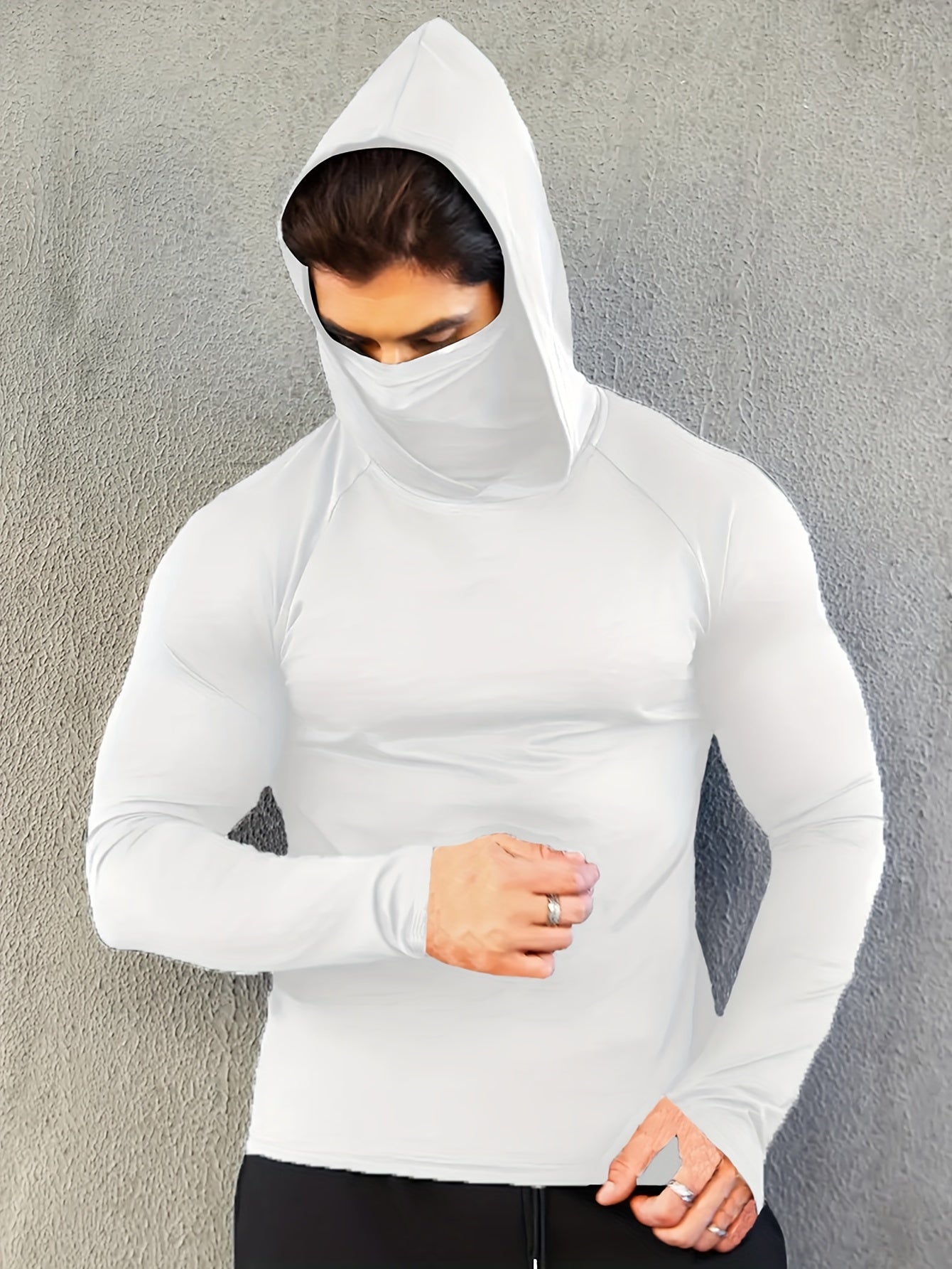 Men's Hooded Long-Sleeve T-Shirt with Mask Breathable Quick-Drying Compression Sports Top for Spring and Autumn