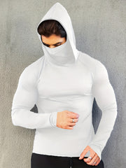 Men's Hooded Long-Sleeve T-Shirt with Mask Breathable Quick-Drying Compression Sports Top for Spring and Autumn