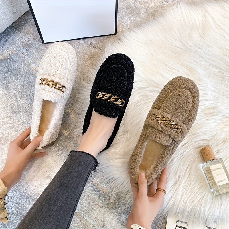 Women's Cozy Slip-On Winter Shoes with Golden Chain Black Beige Indoor Outdoor