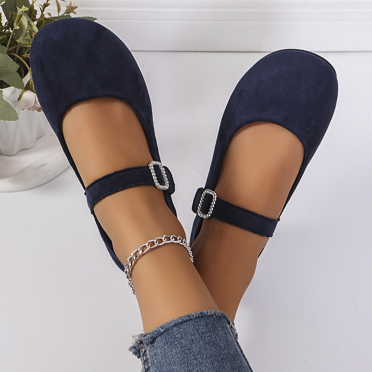 Ayollar Mary Jane tuflari, rhinestone tokchali, yashil, yengil fleece, qulay