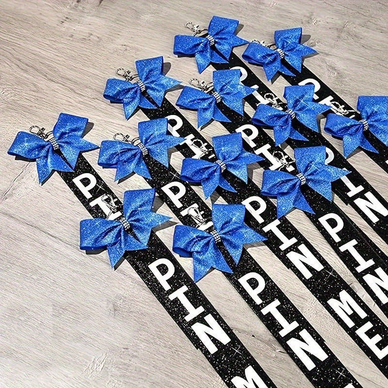 12 Sparkly Cheerleader Bow Keychains Rhinestones Glitter Ribbon for Backpacks Bags Keys