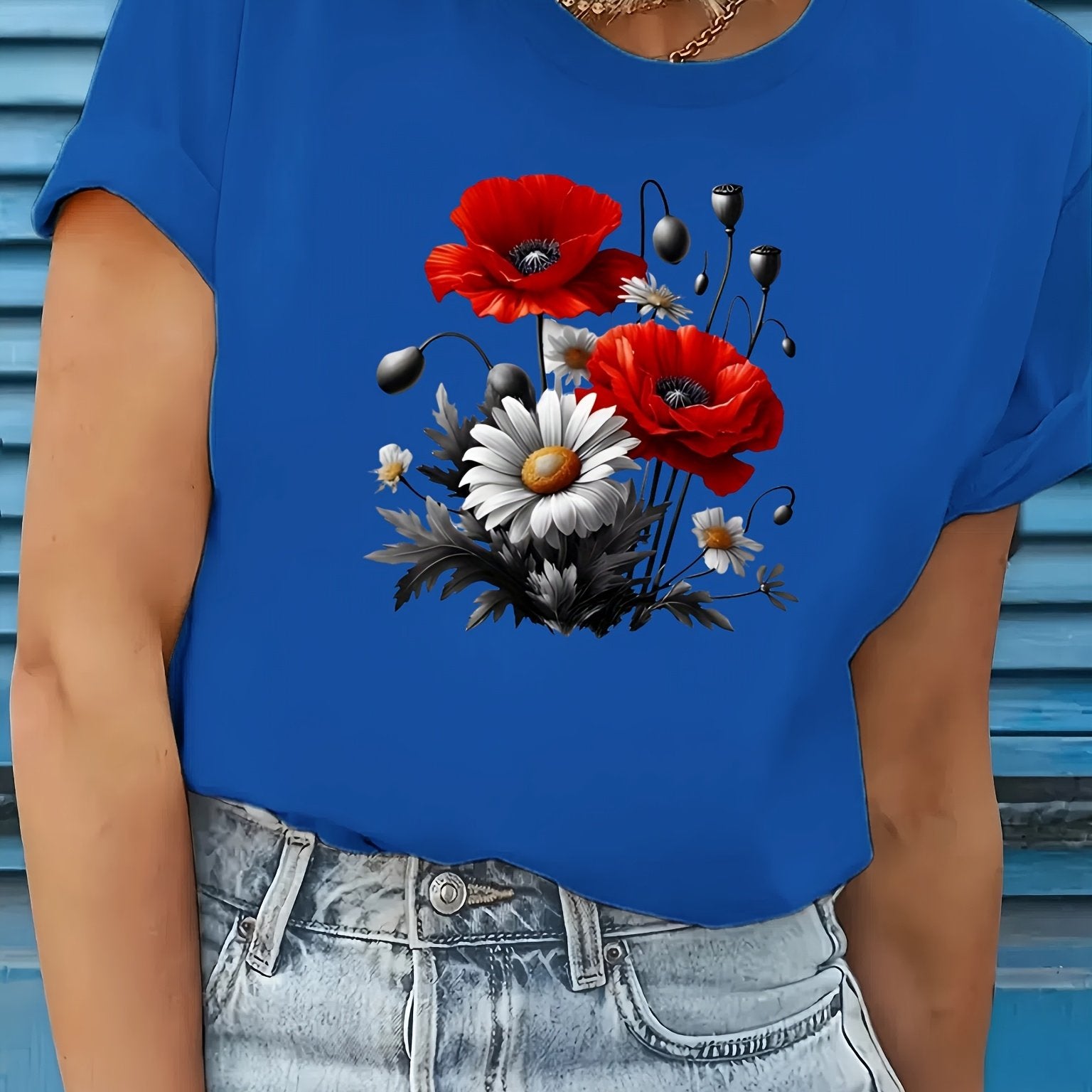 Plus Size Women's Floral Print T-Shirt Blue Short Sleeve Casual Top