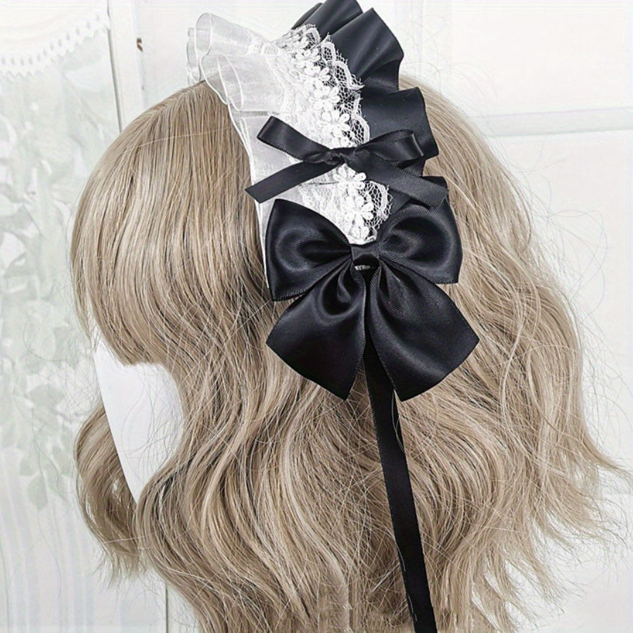 Ruffled Lace Ribbon Bow Headband with Hairpins for Girls in Contrasting Colors