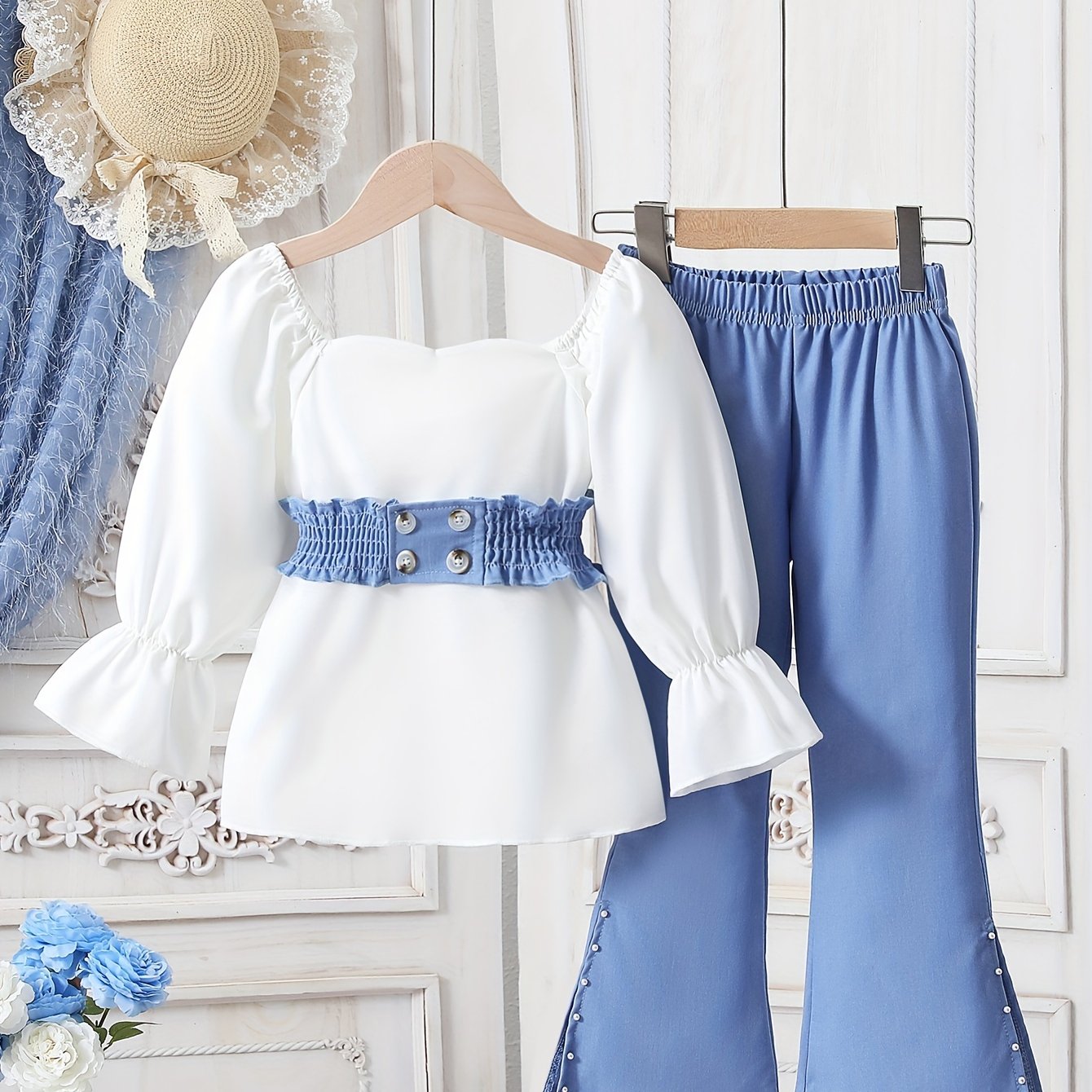 Conjunto de pantalones largos para niñas con camiseta de manga larga y pantalones de campana para primavera y otoño