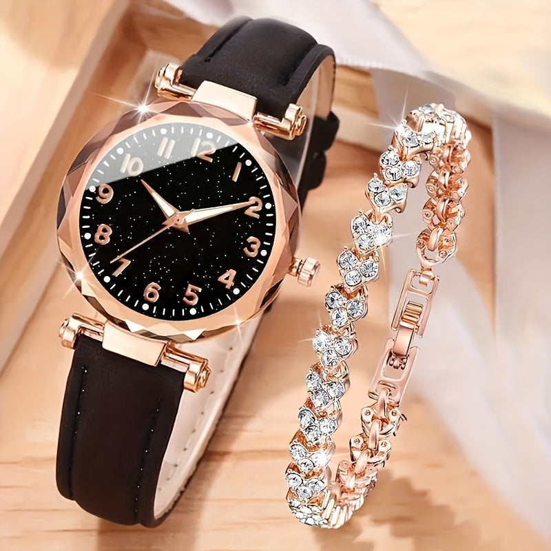 Women's 2-Piece Watch and Bracelet Set Casual Quartz Faux Leather Gift for Mom