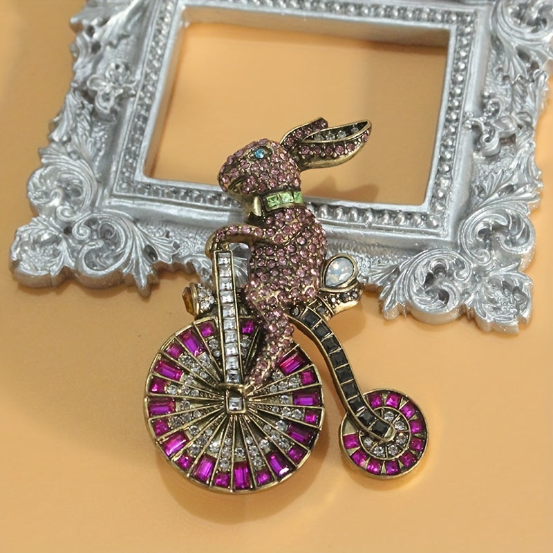 Retro Bunny Bicycle Shaped Rhinestone Brooch for Women