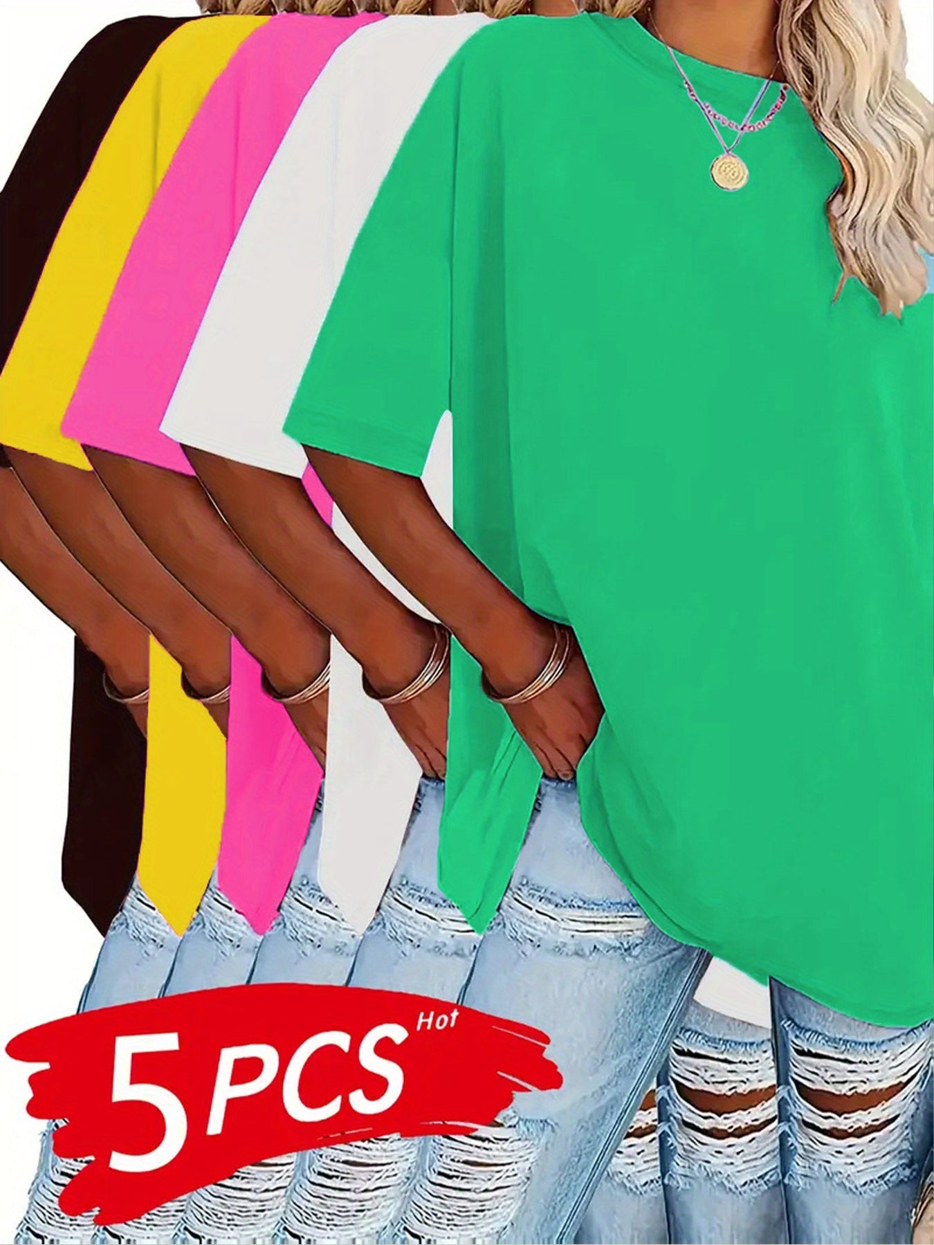 Women's Plus Size Summer T-Shirts Short Sleeve Casual Tops Black White Red Pink Blue 5 Pack