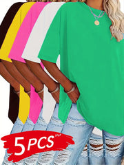 Women's Plus Size Summer T-Shirts Short Sleeve Casual Tops Black White Red Pink Blue 5 Pack