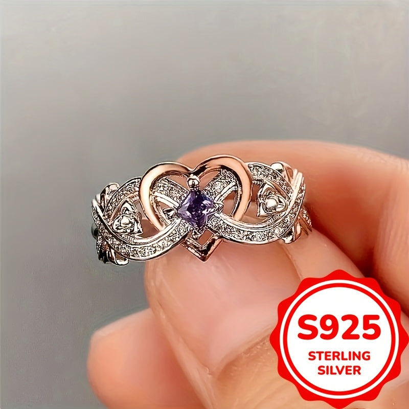 Sterling Silver Infinity Heart Ring with Purple Synthetic Zirconia Engagement Jewelry