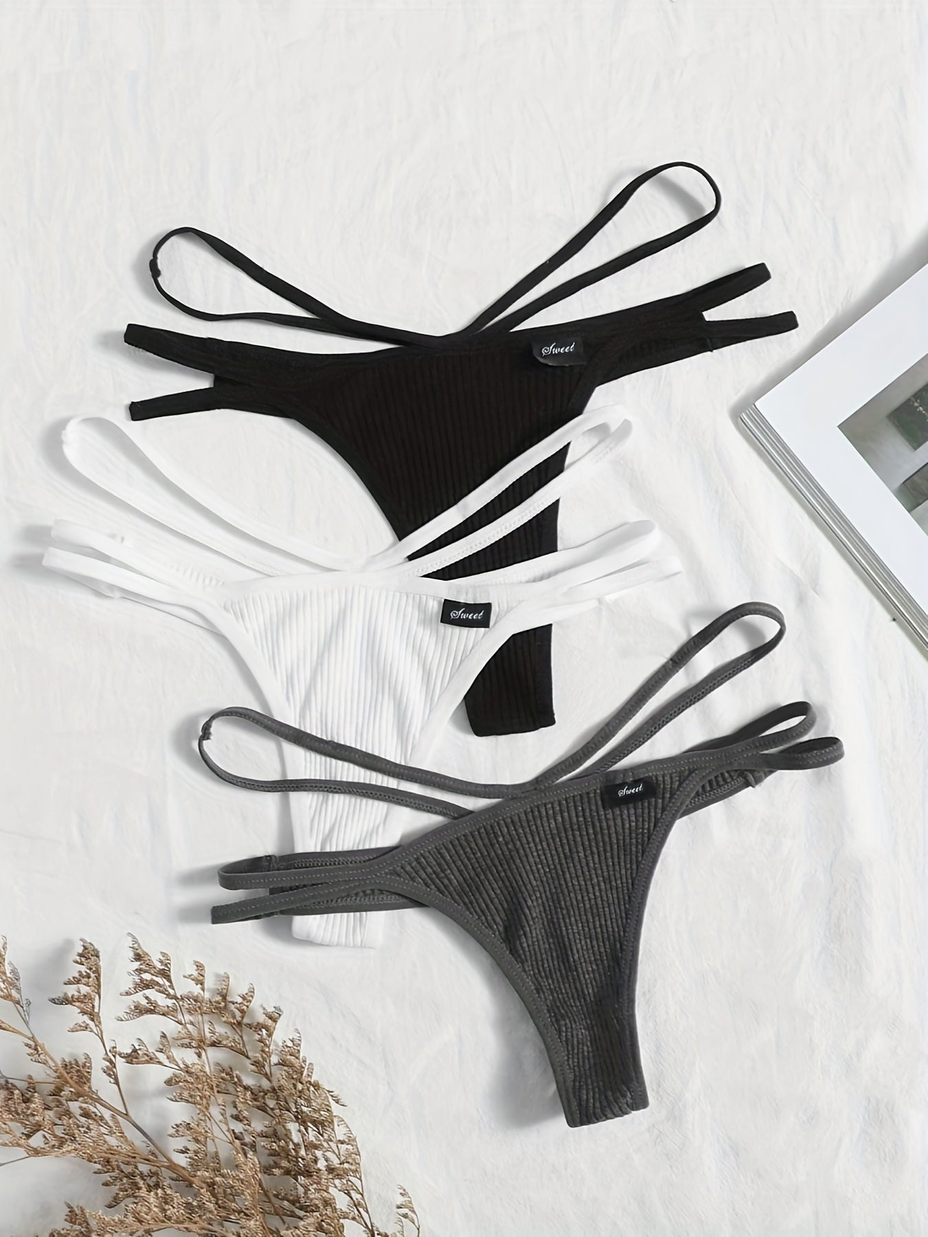 Women's Ribbed Thongs with Hollowed-Out Breathable Design Set of 3