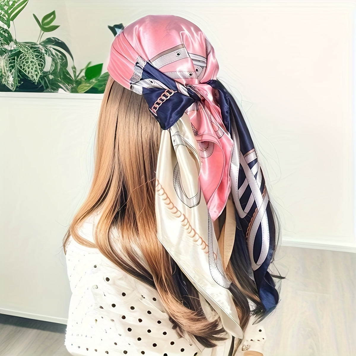 Colorful Block Printed Square Scarf 69.85cm Satin Neck Headscarf for Women