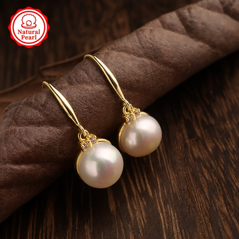 Women’s Vintage-Inspired Freshwater Pearl Drop Earrings 10mm Flat Round Cubic Zirconia