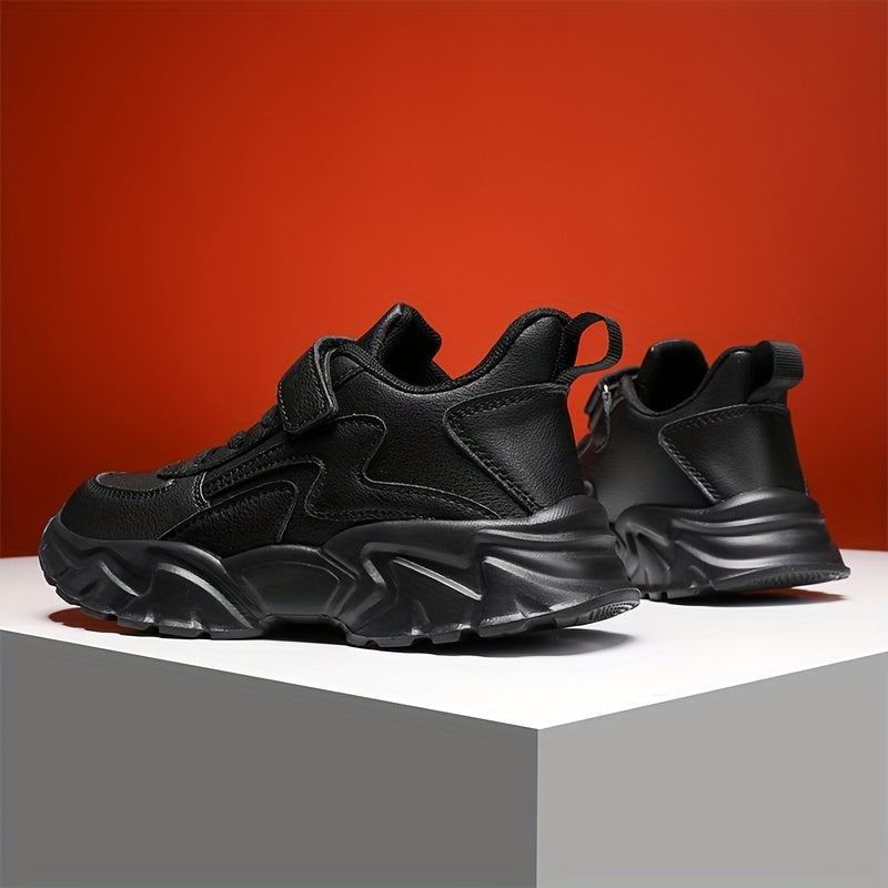 Black Boys' Water-Resistant Sneakers with Hook-and-Loop Strap and EVA Sole