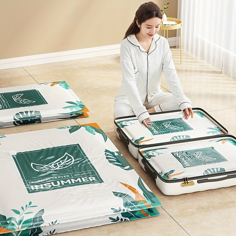 Bolsa de almacenamiento con compresión al vacío con patrón de hojas para ropa de cama, ropa, chaquetas de plumas, rectangular, manual, extracción de aire