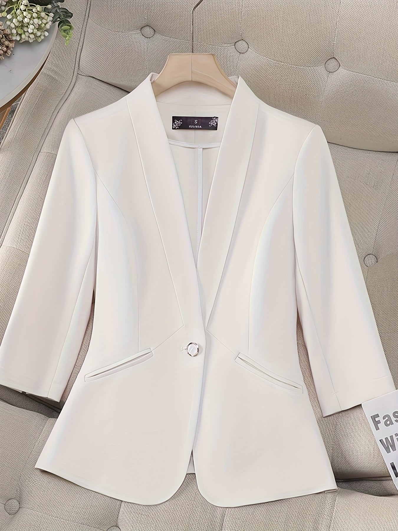 Women's Light Blue Notch-Less Blazer with Three-Quarter Sleeves and Single Button