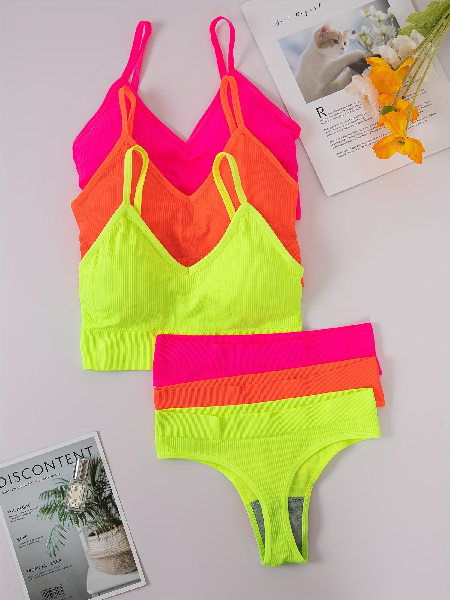 3-Piece Ribbed Lingerie Set with Bra, Panties, and Tank Top for Women