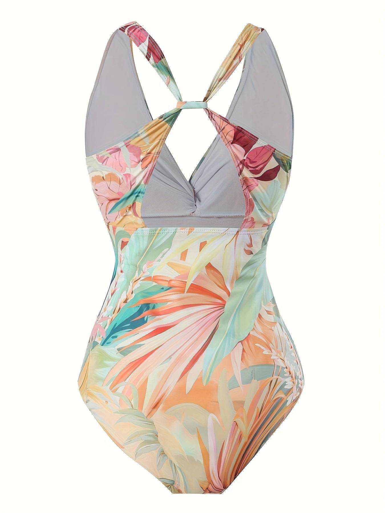 Women's Tropical Print V-Neck One-Piece Swimsuit with Sheer Sarong