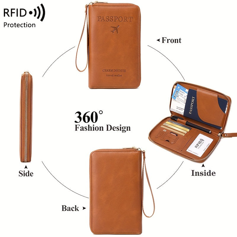 Brown RFID Blocking Travel Wallet with Zipper Closure and Wrist Strap for Passports and Cards