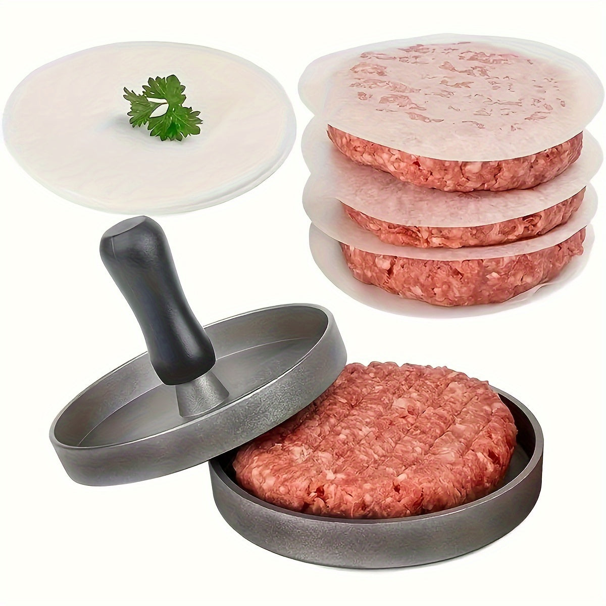Prensa de hamburguesas de aluminio, moldeador de hamburguesas, utensilio de cocina antiadherente con discos de papel encerado