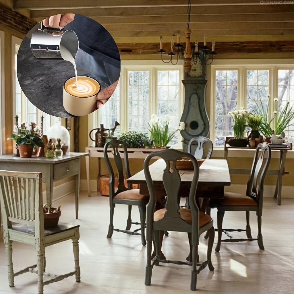 Taza de arte en café de acero inoxidable con marcas de medición para espresso y lattes