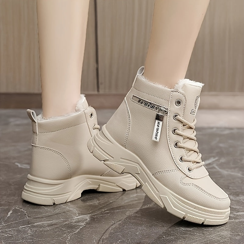 Women's Fleece-Lined Ankle Boots Beige Synthetic Casual Cold Weather