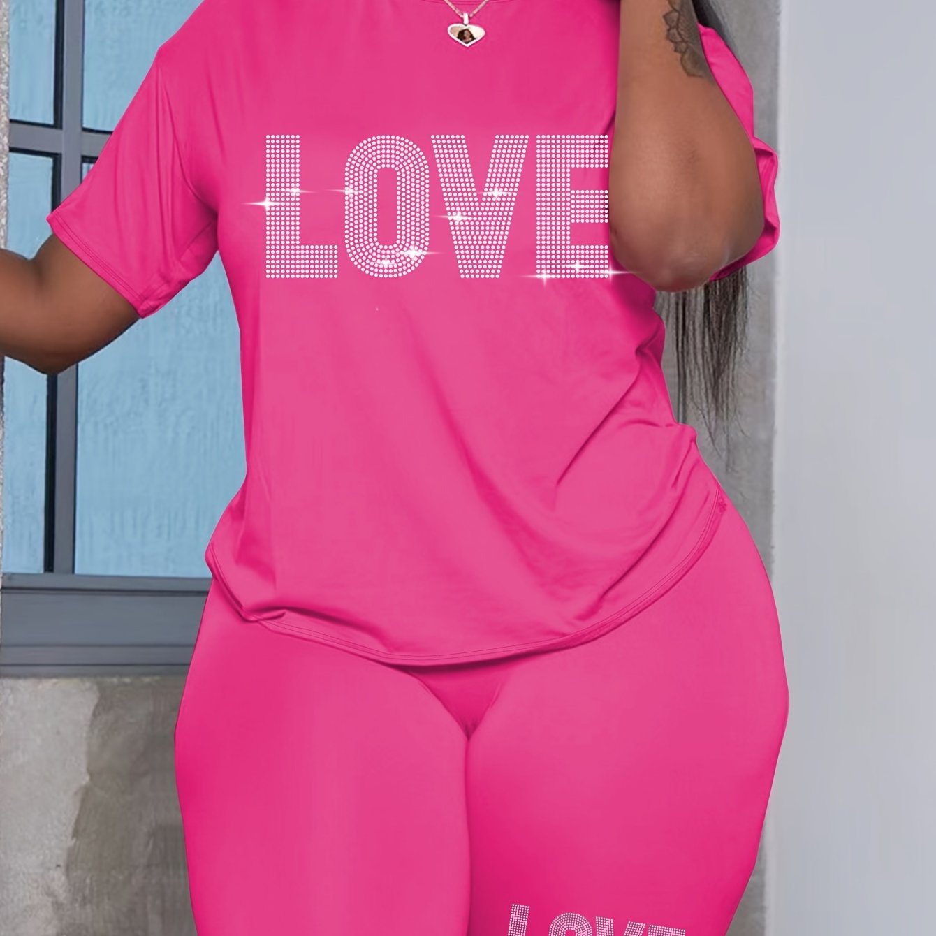 Plus-Size Women's Casual Polyester T-Shirt and Shorts Set with Alphabet Love Print