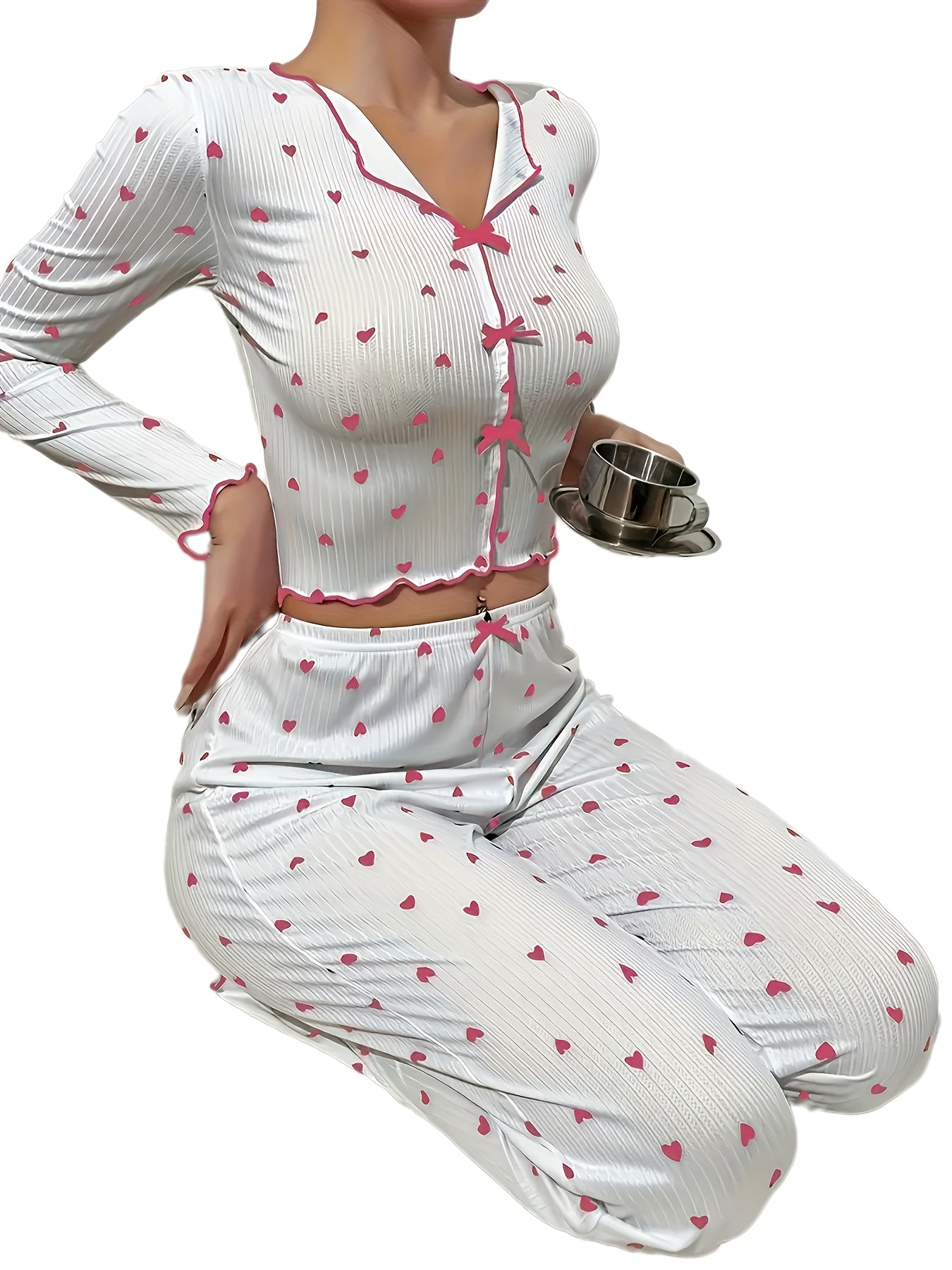 Heart Print Lounge Set with Frill Trim and Bow Detail for Women