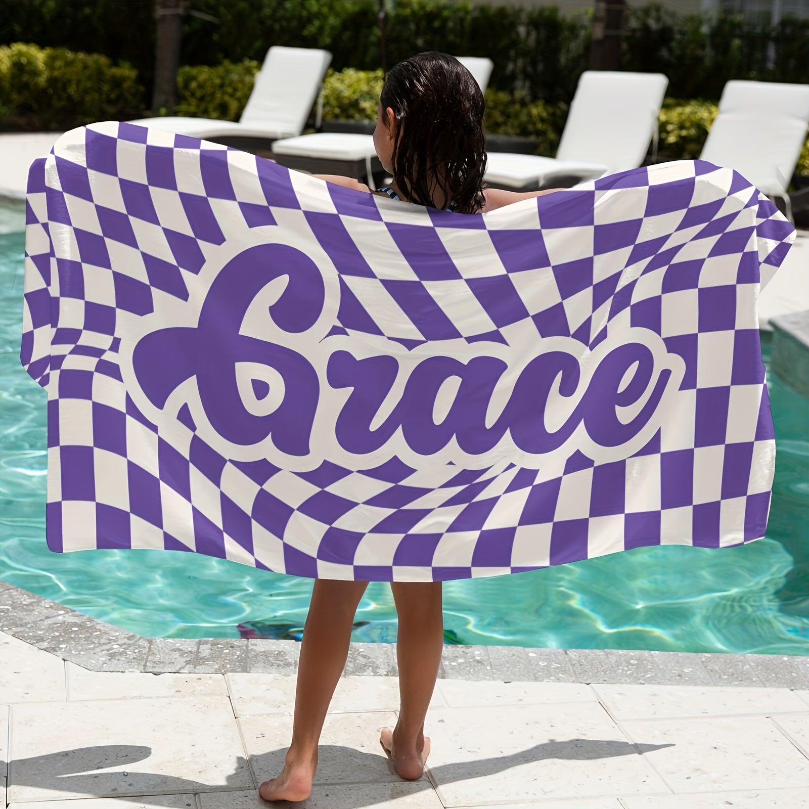 Customized Lattice Pattern Beach Towel with Name Quick-Drying and Absorbent for Beach Swimming Camping