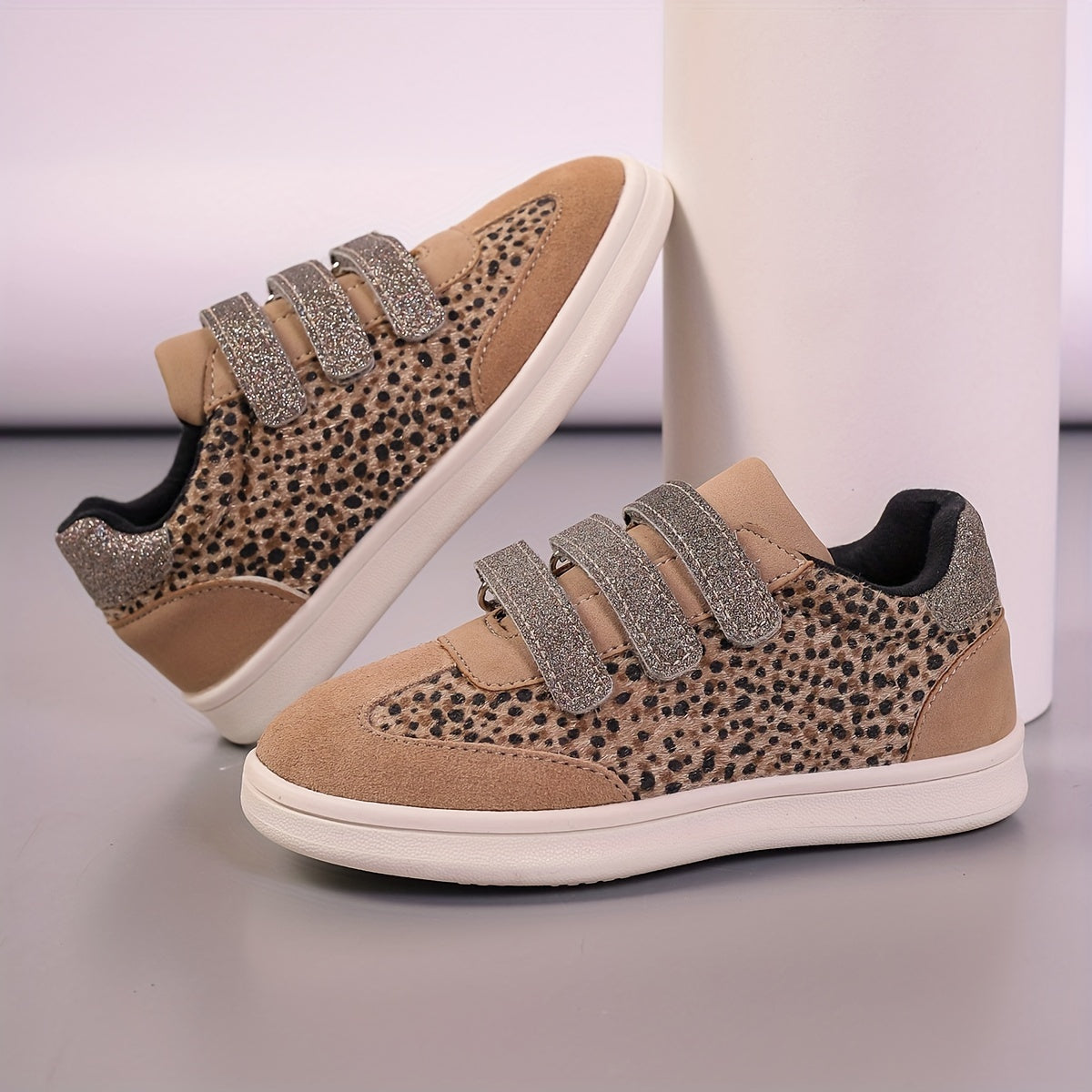 Kids' Animal Print and Beige Glitter Non-Slip Shoes with Hook-and-Loop Strap