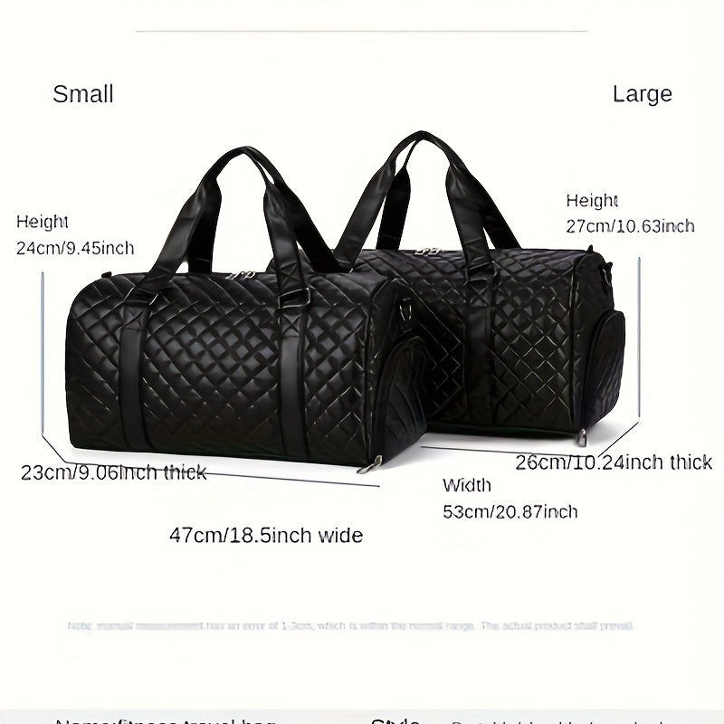 Black Quilted Diamond Pattern Duffel Bag with Wet Dry and Shoe Compartments for Travel and Gym