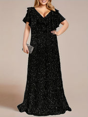 Plus Size Sequin Gown Woman V-Neck Short Sleeve Floor Length Party Dress
