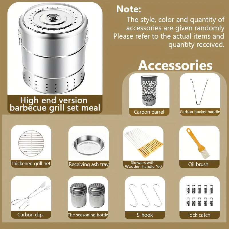 Portativ tutunsiz ko'mir qopqog'i bilan zanglamaydigan po'latdan yasalgan atrofdagi osilgan pech, ochiq havoda tutunli grill. 60 ta shish, 2 ta ziravorlar shishasi, 1 ta grill tarmog'i va 10 ta fixatorni o'z ichiga oladi. Oson