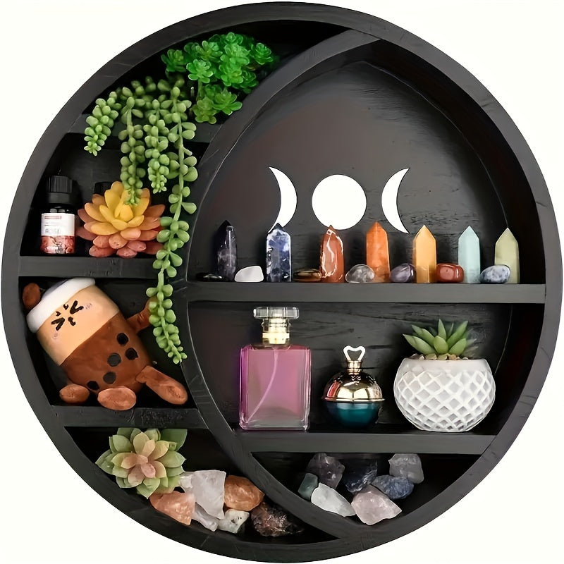 Gothic Wooden Moon Shelf with Crystal Crescent Display Vintage Organizer for Living Room Kitchen Bathroom Bedroom