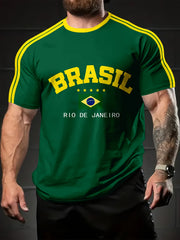 1 dona Braziliya ilhomlangan erkaklar uchun tasodifiy qisqa yengli futbolka, raqamli bosma, yumshoq bo'yin, cho'ziluvchan polyester to'qima, yozgi faoliyatlar va kundalik kiyim uchun ideal.